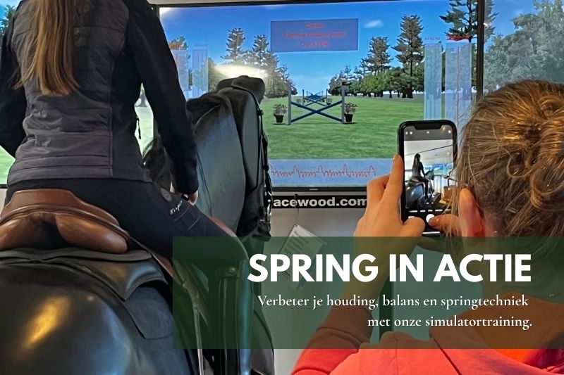 Ruiter traint springhouding en zit op een paardrijsimulator tijdens een Spring in Actie workshop.